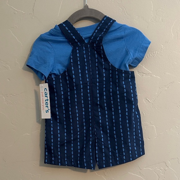 Carter's Blue Striped Shortall Set Baby Boy Summer Outfit - Picture 2 of 5